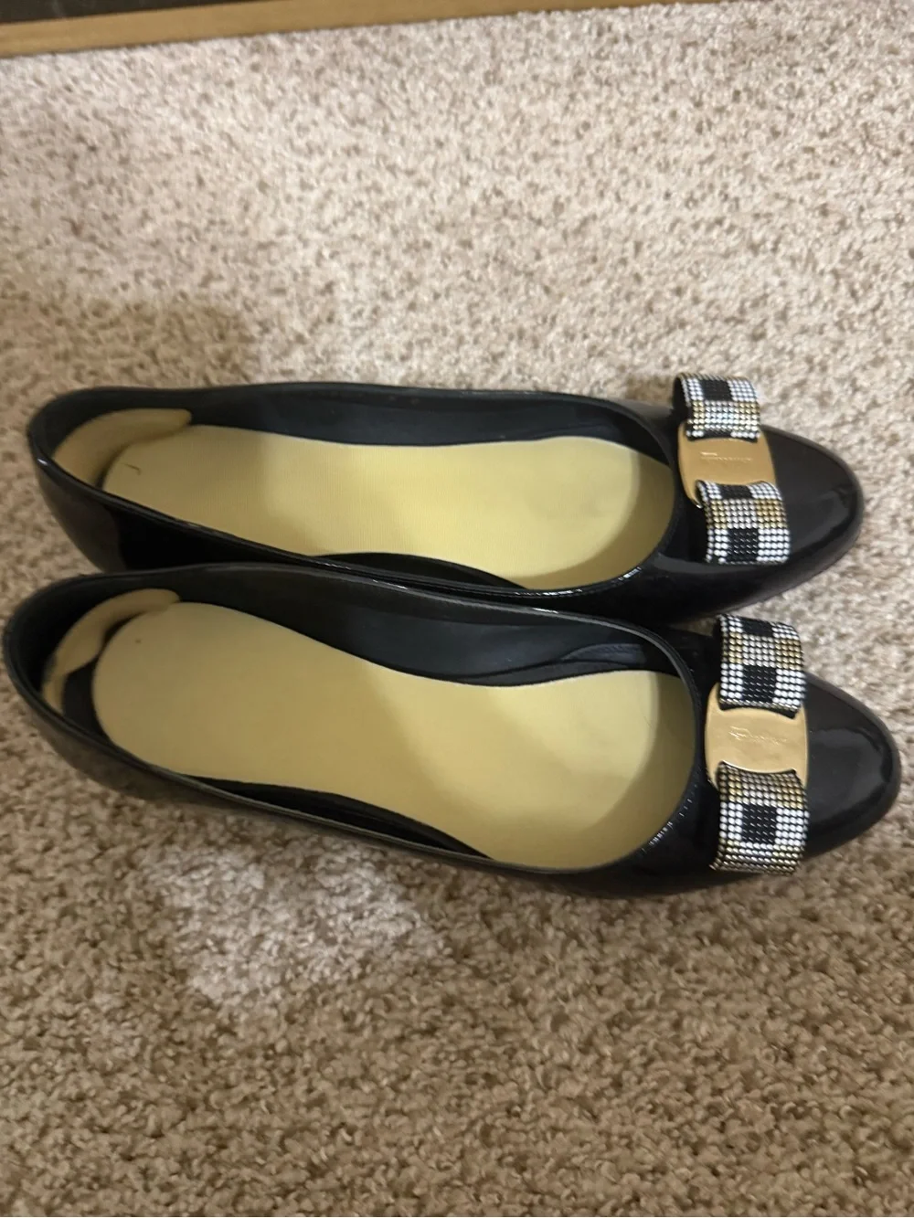 Salvatore Ferragamo Black Patent Ballet Flats with Bow and Gold Accent